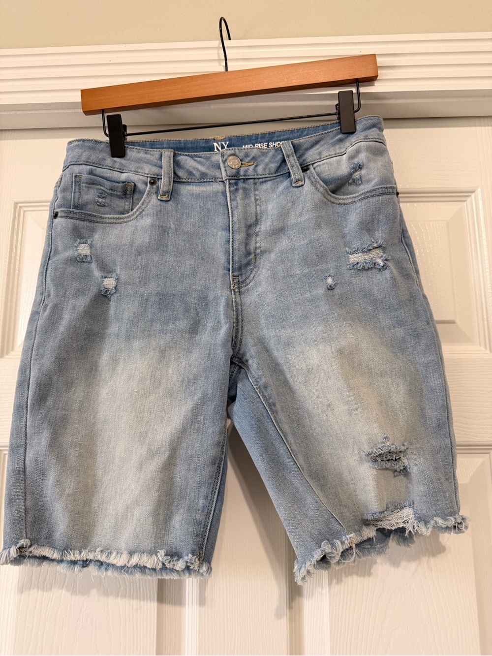 New York & Company Light Blue Distressed Denim Bermuda Shorts